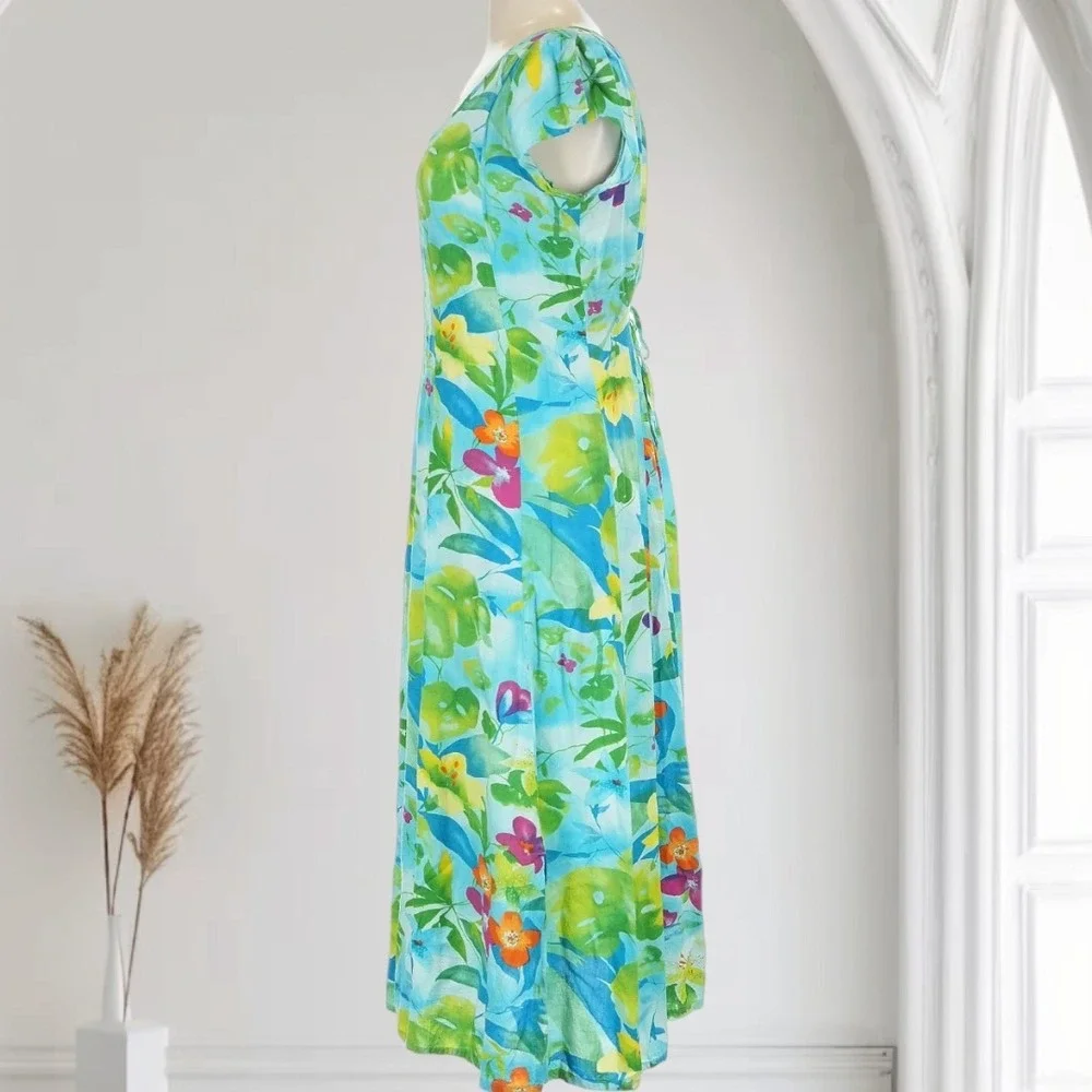 James World‎ Violet Hawaiian Maxi Floral Dress Womens L Artsy Preppy Dopamine